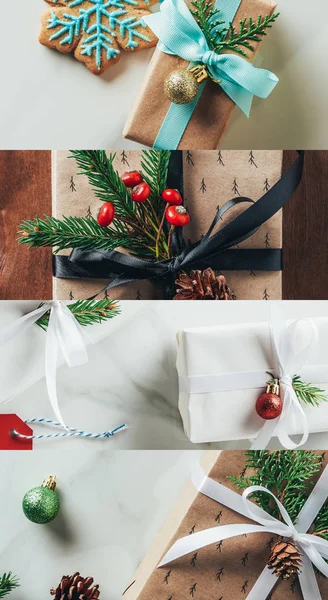Collage de regalos decorados de Navidad sobre fondo de madera y mármol - foto de stock