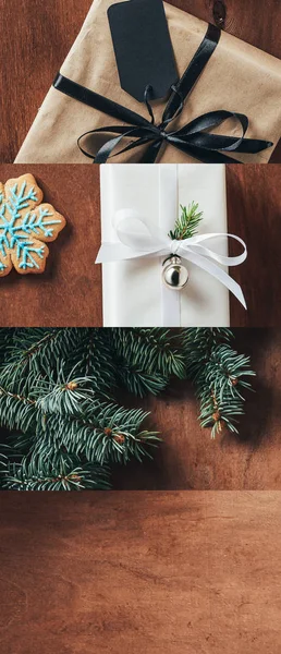 Collage di regali decorati di Natale, ramo di abete e biscotti su sfondo di legno — Foto stock