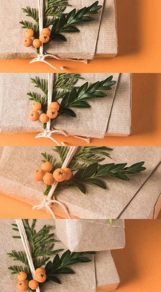 Collage de caja de regalo envuelto en papel artesanal con espino cerval de mar sobre fondo naranja, decoración de Navidad - foto de stock
