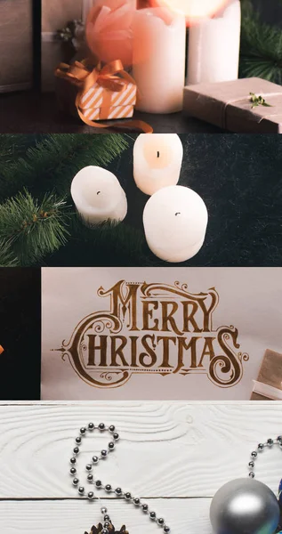 Collage of Merry Christmas greeting card, candles, silver bauble gifts and fir branch — Stock Photo