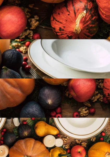 Collage of white ceramic plates among pumpkins, apples, nuts, figs, Thanksgiving festive table setting — Stock Photo