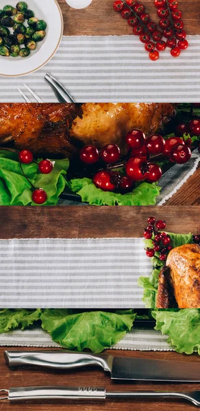 Collage de pavo al horno con grosella roja servido sobre hojas de lechuga en mesa de madera con mantel rayado, ajuste de mesa festiva de Acción de Gracias - foto de stock