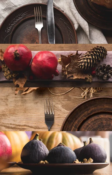 Collage de table en bois avec assiettes, couverts, grenade, feuilles sèches, figues et cônes, table de fête de Thanksgiving — Photo de stock