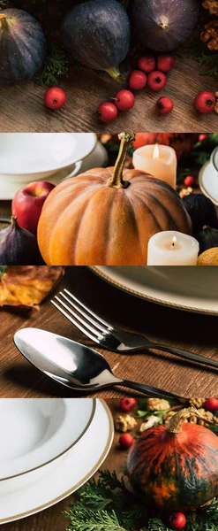 Collage de platos de cerámica blanca, cubiertos, higos y calabazas en mesa de madera, ajuste de mesa festivo de Acción de Gracias - foto de stock