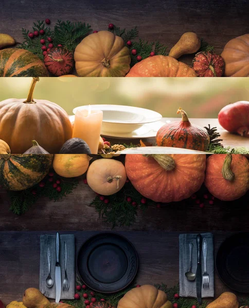 Collage de la mesa de madera festiva de Acción de Gracias con calabazas - foto de stock