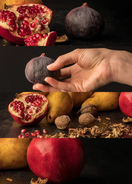 Collage of female hand, pears, pomegranate, walnuts and figs, Thanksgiving decor — Stock Photo