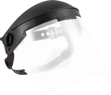 Beyaz arka plan üzerinde izole işçisi için plastik koruyucu yüz maskesi.