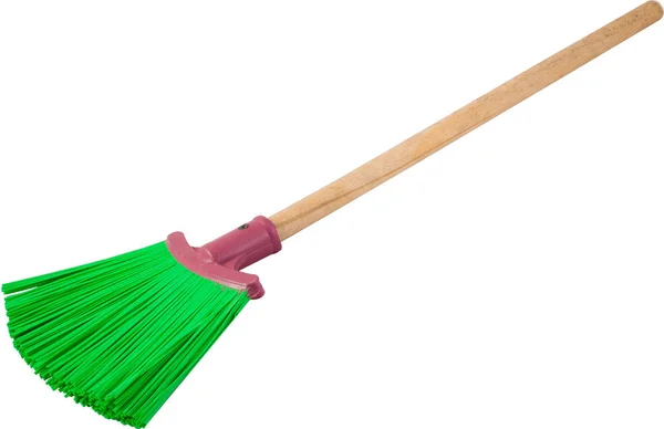 Green plastic broom with long handle isolated on white. Clipping Path included. — Stock Photo, Image