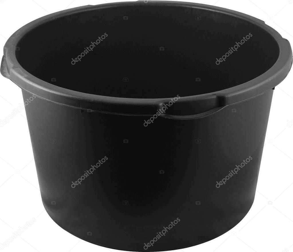 Round heavy duty black plastic basin for construction works. Isolated on white.