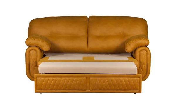 Помаранчевий двомісний шкіряний диван ізольований на білому тлі — стокове фото