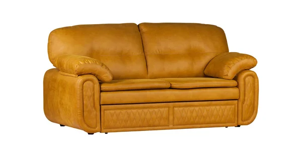 Помаранчевий двомісний шкіряний диван ізольований на білому тлі — стокове фото