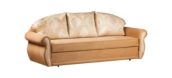 Бежевий диван з тканиною ізольовано на білому тлі — стокове фото
