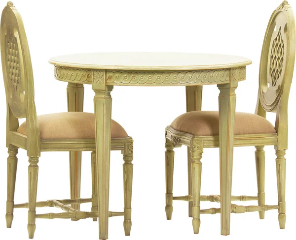 1 set of green wooden table set, 2 chairs isolated from the white background cutting path — 스톡 사진