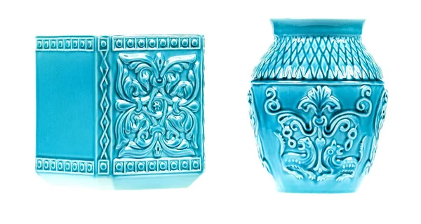 Set of two empty blue flower pots isolated on white background — Stock Photo, Image