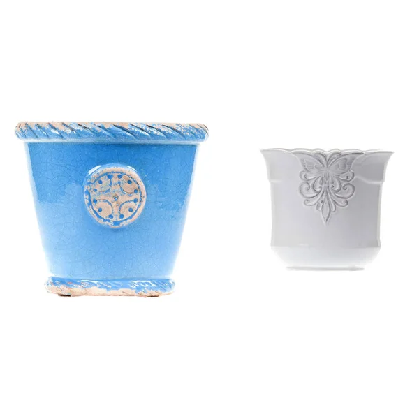 Dos ollas de cerámica azul y blanca para planta de interior sobre fondo blanco — Foto de Stock