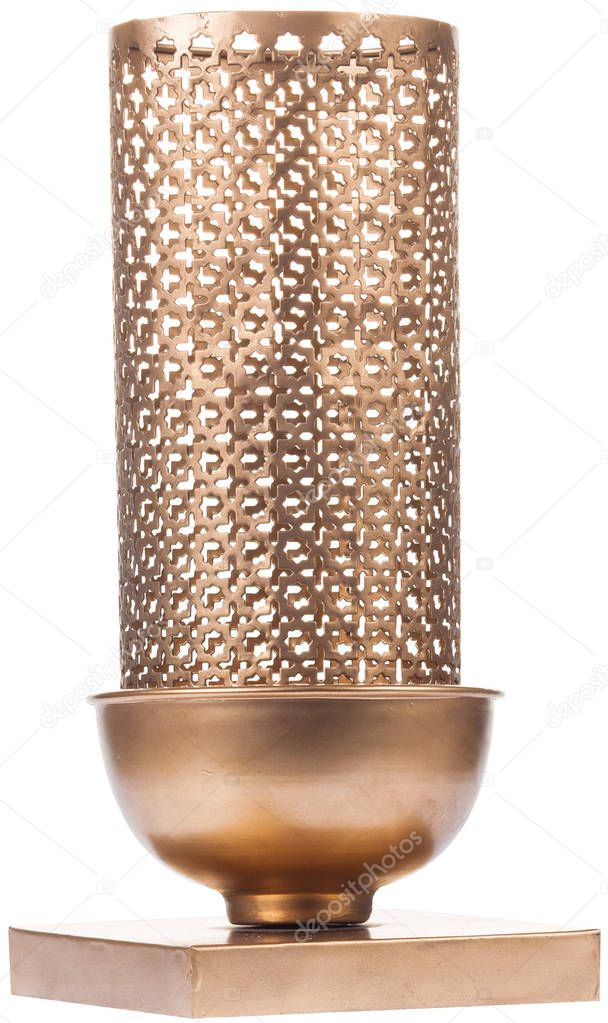 Retro brass candle holder isolated on white background.