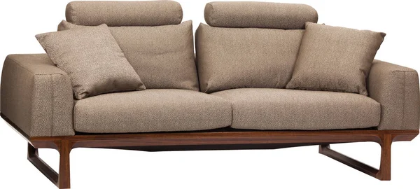Сучасний диван сіра тканина з дерев'яними ногами на білому тлі, вид спереду — стокове фото