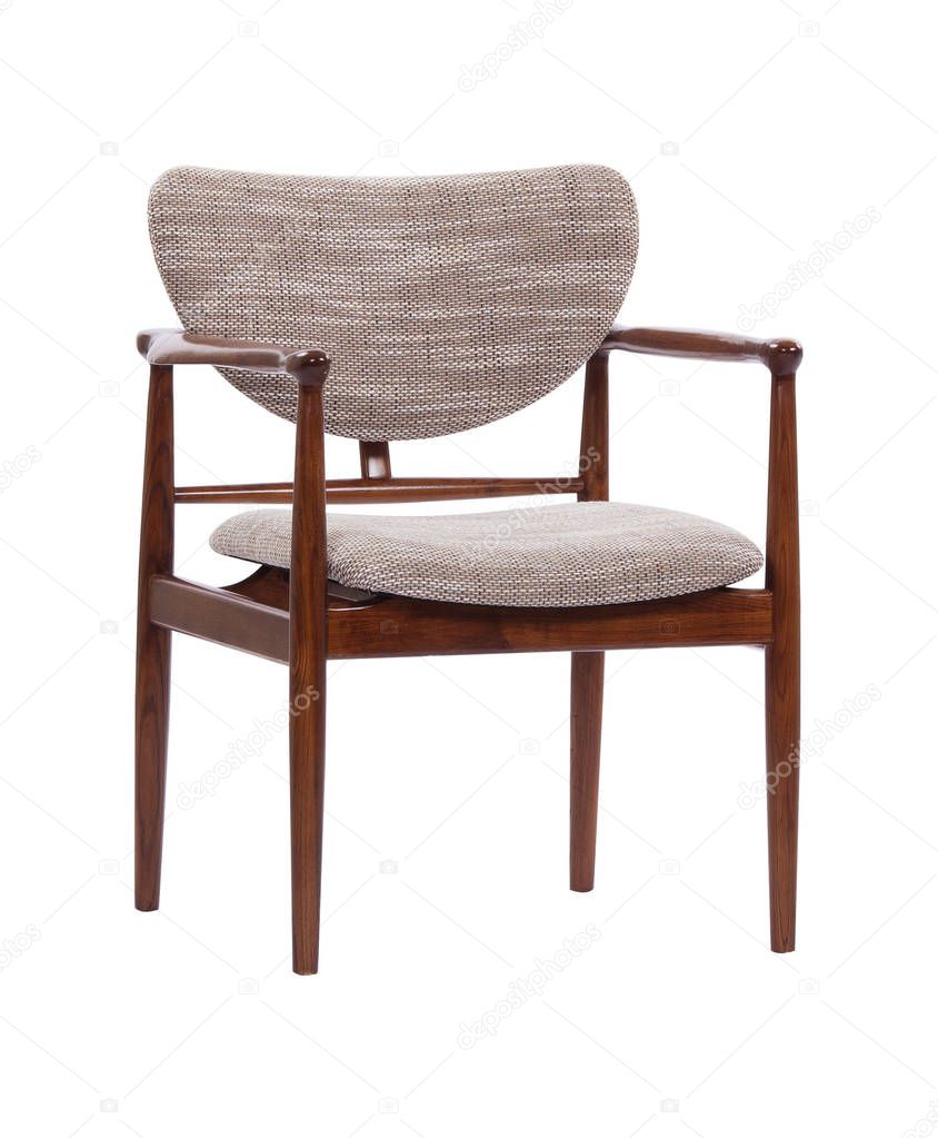 Wooden modern chair with fabric seat isolated on a white background
