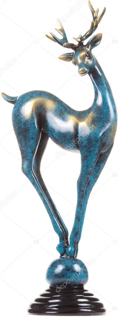 Porcelain figurine of blue deer isolated on white background.