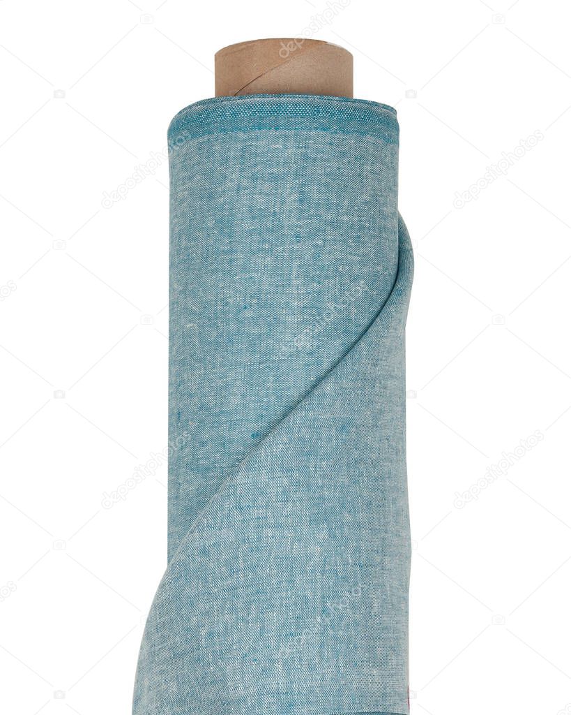 Blue linen fabric in roll isolated