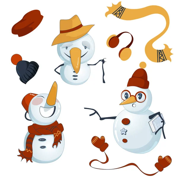 Tres muñecos de nieve con traje de invierno — Vector de stock