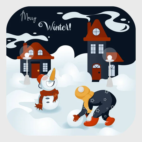 Paisaje de ciudad nevada con niño y muñeco de nieve — Vector de stock