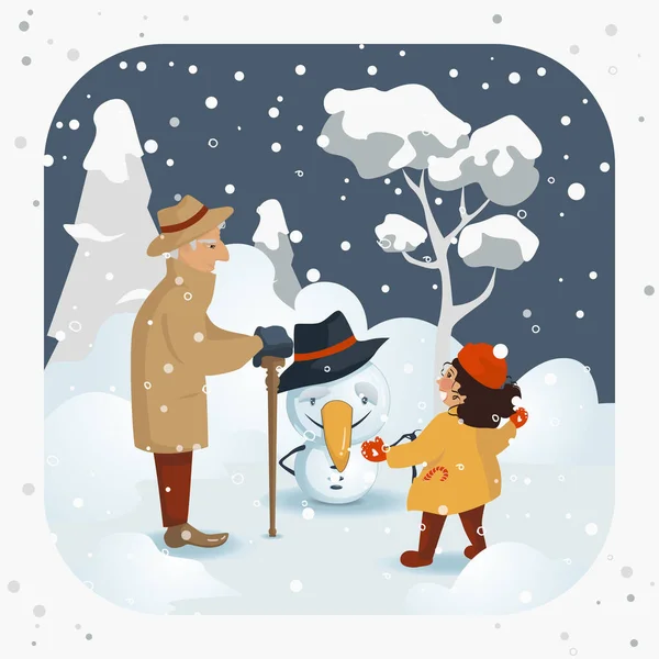 Muñeco de nieve con niña y su abuelo — Vector de stock