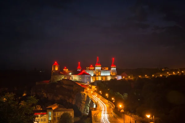 Old Fortress Night Illumination Ancient City Kamenets Podolsk Ukraine — Stock Photo, Image