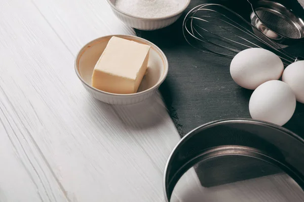 Ingredients Dishes White Wooden Table Which Also Contains Corolla Filled — Stock Photo, Image