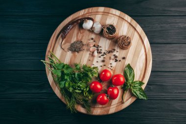 Baharatlar: kırmızı biber, kara biber, sarımsak, kimyon, kişniş, tatlı biber yalan bir kahverengi ahşap tahta siyah bir tablo üzerinde yuvarlak. Metnin altında yer