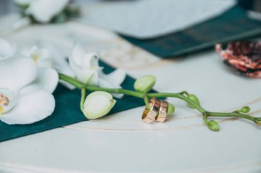 Düğün floristics ve ayrıntılar. Düğün davetiyeleri. Orkide. Yaka çiçeği damat için. Nikah yüzükleri. Kelebek