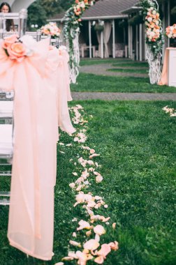 Kare düğün töreni. Şeffaf sandalyeler çiçekler, yeşillik ile dekore edilmiştir. Şirin, trendy svdebany dekor. Festival dekor, çiçek aranjmanı parçası