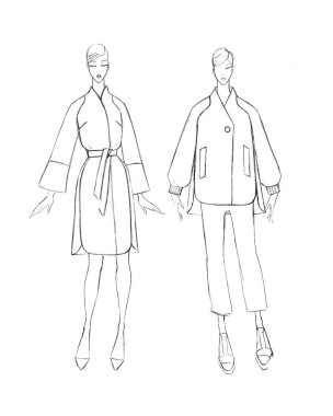 Bir kadın ceket seti kroki. Moda tasarımı