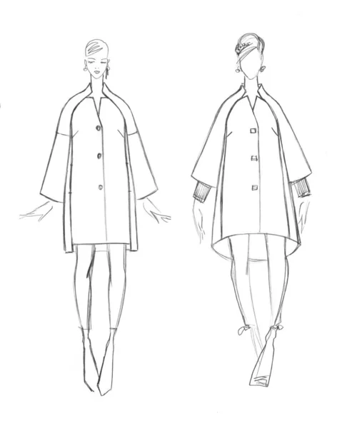 Szkic Kobiecego Zestawu Płaszczowego Projektowanie Mody — Zdjęcie stockowe