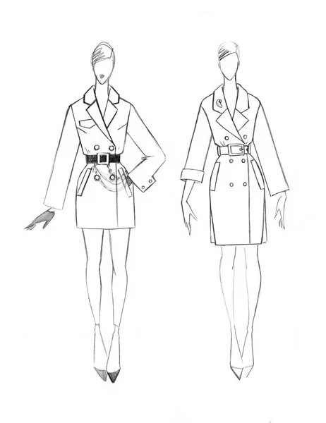 Croquis Ensemble Manteaux Féminins Design Mode — Photo