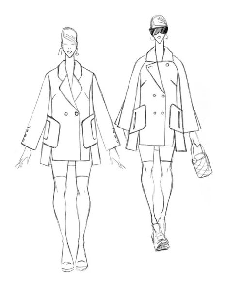 Szkic Kobiecego Zestawu Płaszczowego Projektowanie Mody — Zdjęcie stockowe