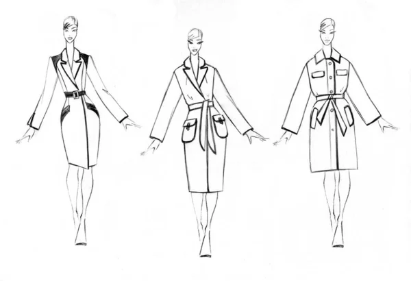 Croquis Ensemble Manteaux Féminins Design Mode — Photo