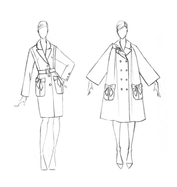 Croquis Ensemble Manteaux Féminins Design Mode — Photo