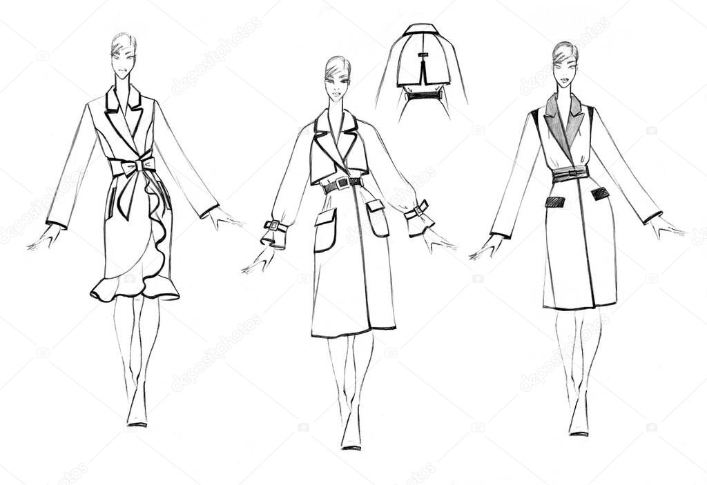 Sketch of a female coat set. Fashion design