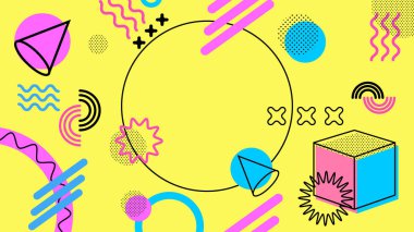 Memphis stylen soyut geometrik şekiller arka plan. Merkezinde metin için bir yerdir.