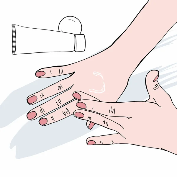 Mettre de la crème sur les mains. Soins quotidiens des mains . — Image vectorielle