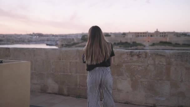 Uma sessão fotográfica de uma mãe segurando as mãos sua filha de seis meses e girando perto da costa do mar — Vídeo de Stock