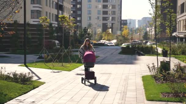 Uma mãe feliz com um carrinho de bebê burgundy caminha pelo complexo residencial em um dia ensolarado agradável — Vídeo de Stock