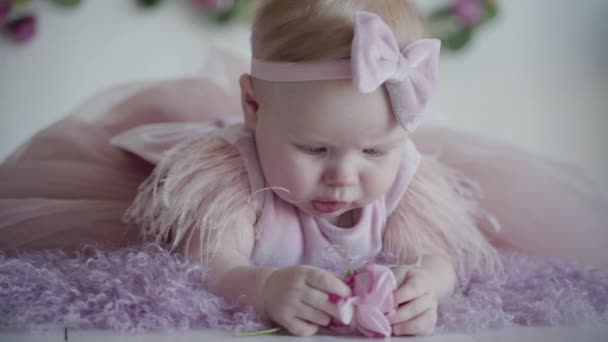 En närbild plan om en liten flicka i en rosa klänning liggande på magen på lila omslaget, innehav och gnowing en ros — Stockvideo