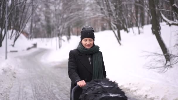 Жінка в чорному пальто ходить з коляскою в парку взимку вдень — стокове відео