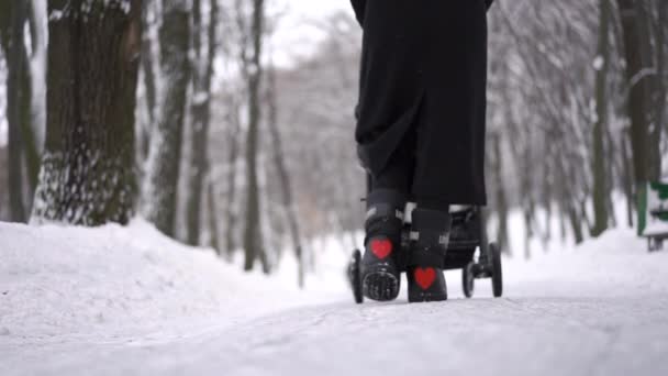 En vy från baksidan av kvinnan promenader med baby barnvagn i skogen vintern i slow motion — Stockvideo