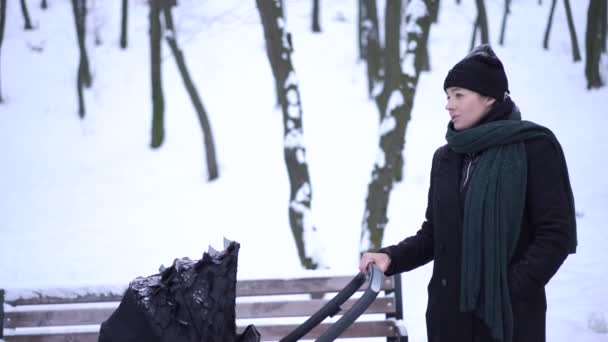 Een midden-plan van een vrouw heen en weer rollen een zwart wandelwagen in de buurt van de Bank in het park van de winter — Stockvideo