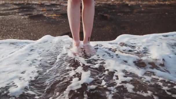 Mulher fica na praia de areia preta perto do mar — Vídeo de Stock