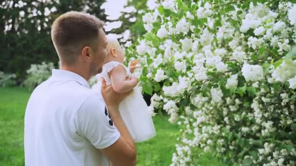 En far håller den lilla flickan på händerna i parken — Stockvideo