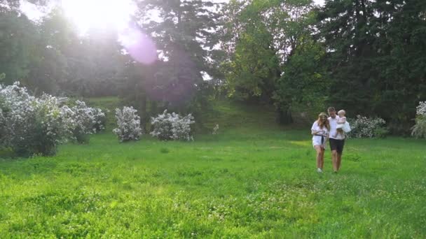 Een familie wandeling in het Park. Gelukkige familie vakantie. Panoramische camera foto. — Stockvideo